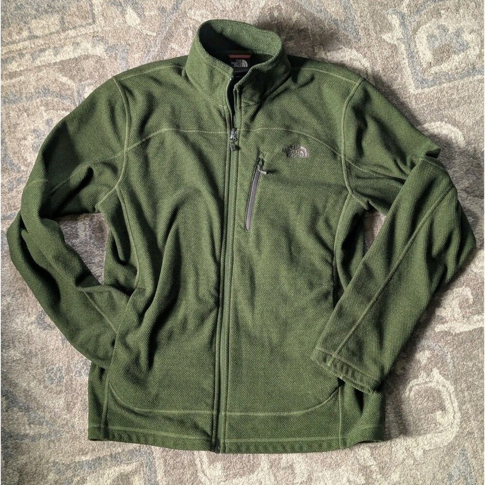 The North Face Jacket Mens Med Olive Green Fleece Full Zip Pocket Outdoor Hiking